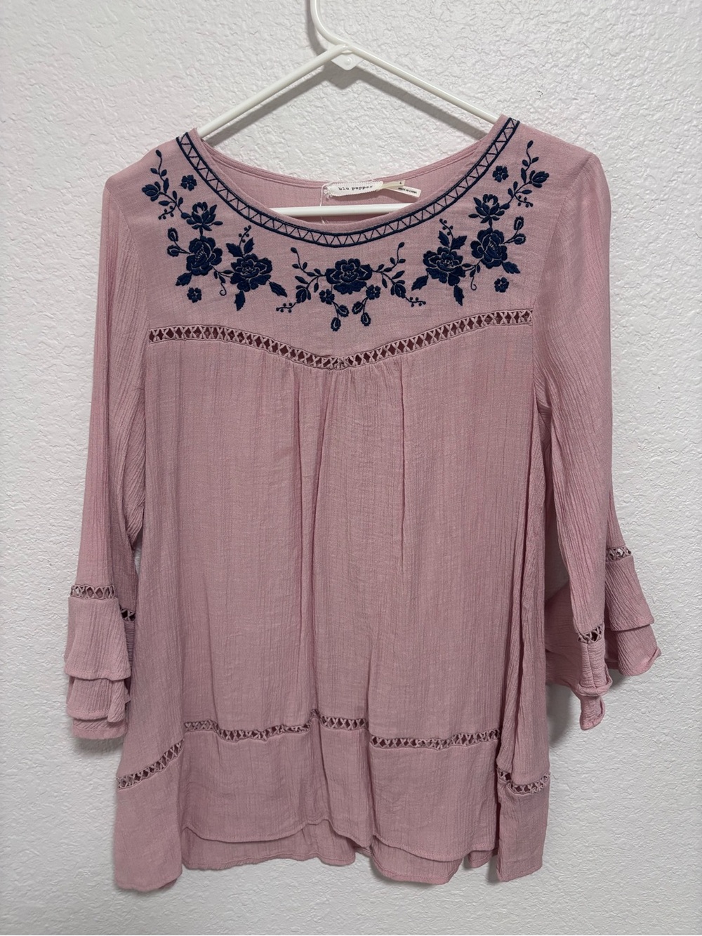 Blu Pepper Dusty Pink Tunic with Navy Floral Embroidery